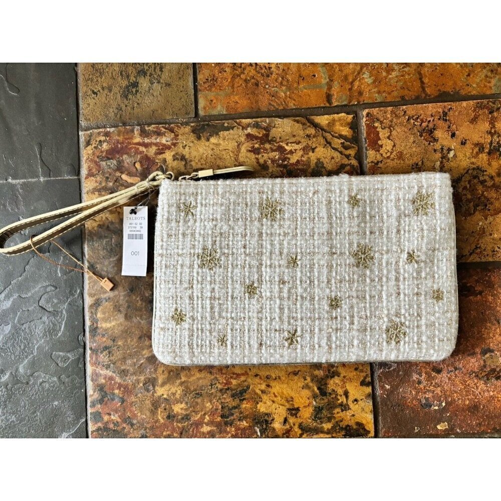 NWT Talbots Cream Gold Sparkly Wristlet Wool Blend Leather Trim